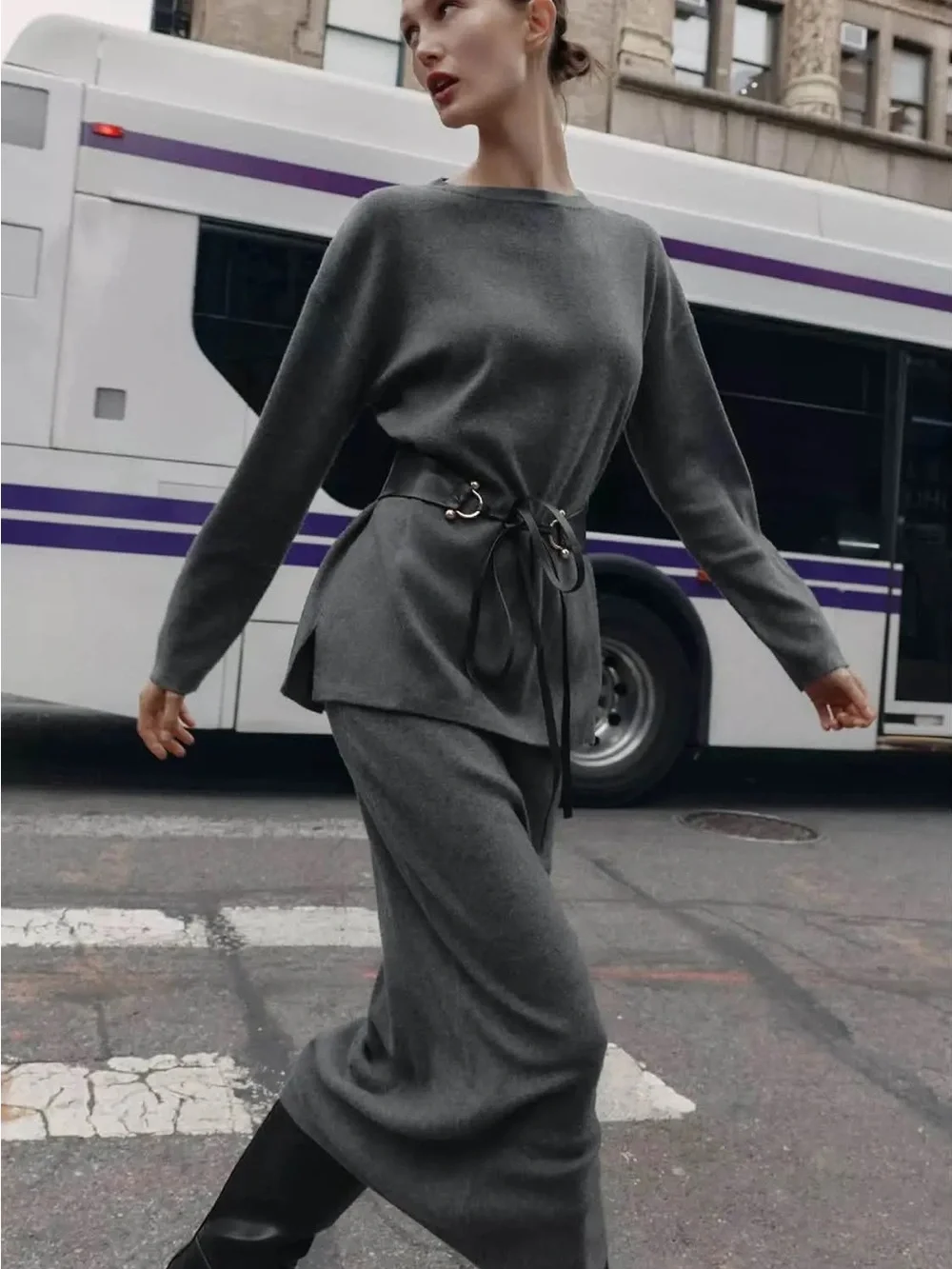 Zara soft touch plain knit midi skirt gray marl 5755/150/803